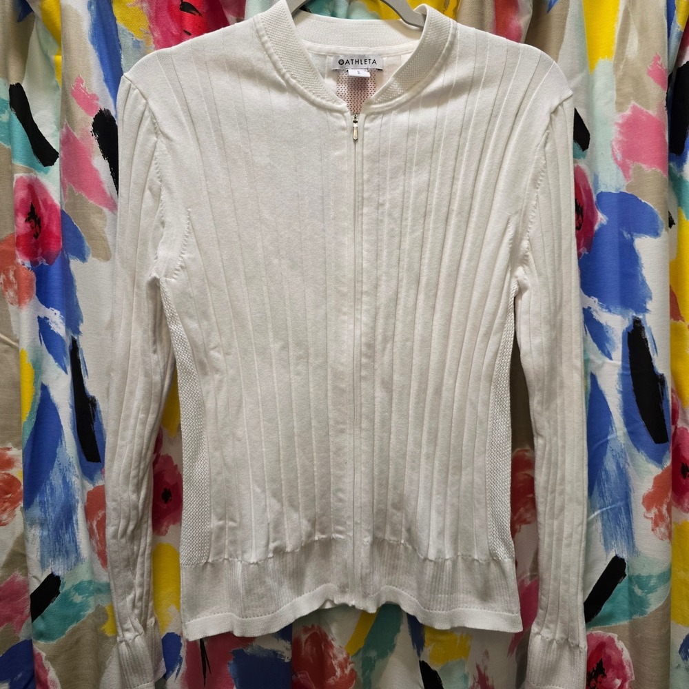 Athleta‎ White Ribbed Knit Full Zip Cardigan Sweater Womens Large